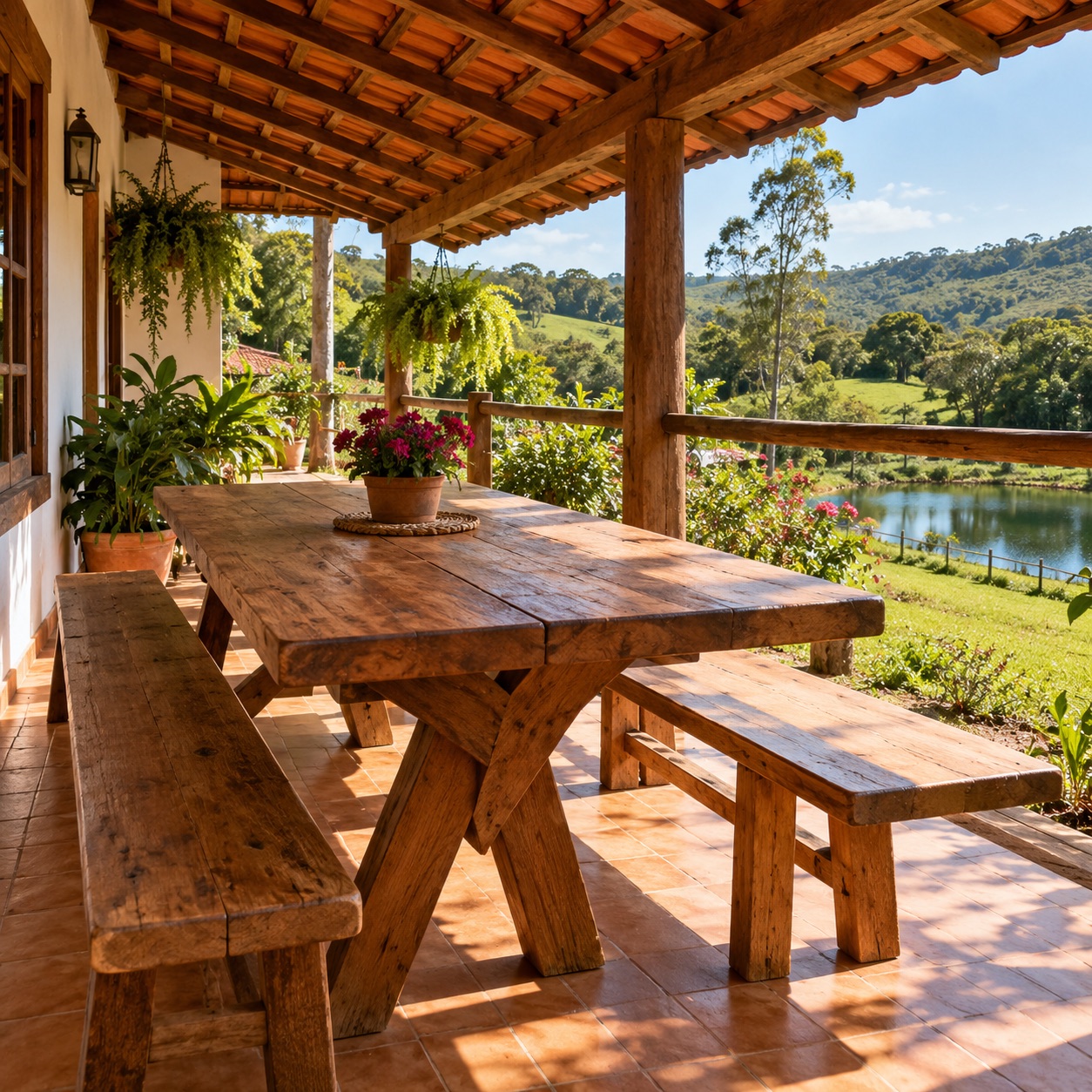 mesa e banco rústicos de madeira numa varanda de sítio