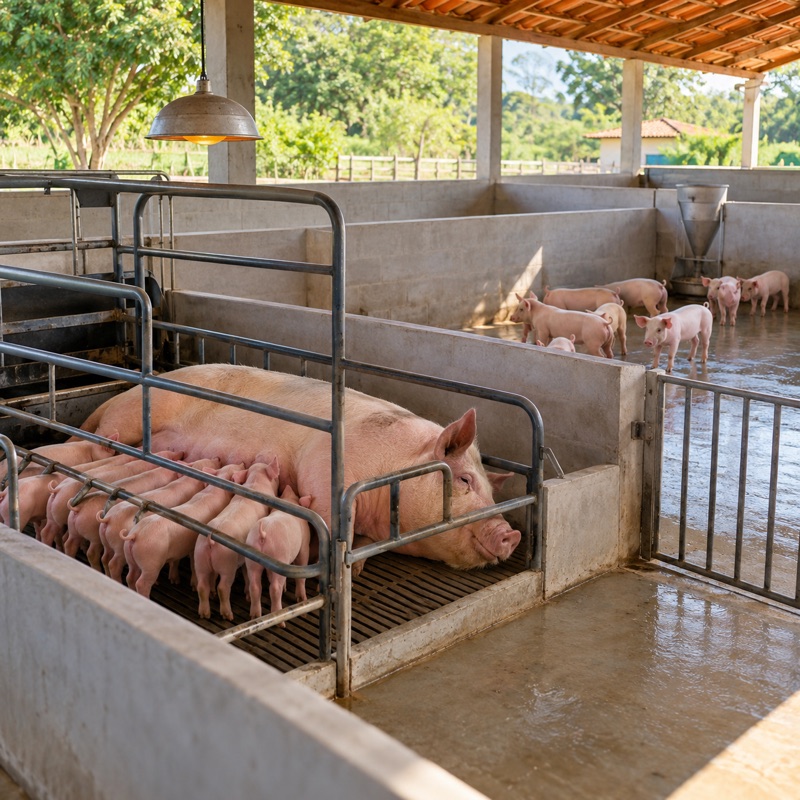 chiqueiro de alvenaria com baia maternidade e piso lavado